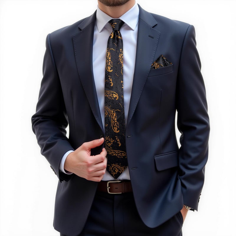 DiBanGu Mens Tie Set Silk Solid Paisley Necktie and Pocket Square Cufflinks Classic Formal Ties for Men Wedding Party, Black Gold - Image 2